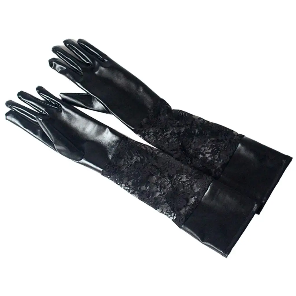2 Pieces Long Gloves Lace Faux Leather Elbow Stage Costume Accessories