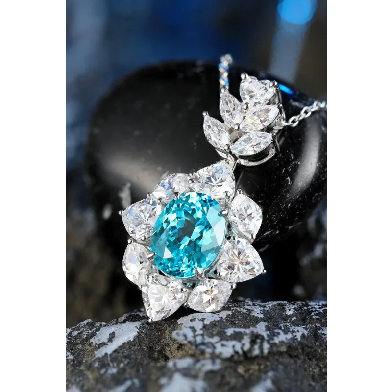 Ruihe 925 Silver Pendant Necklace for Women Oval Shape 4.64ct Lab Grown Paraiba Gmestone Fine Jewelry for Gift Silver Necklace