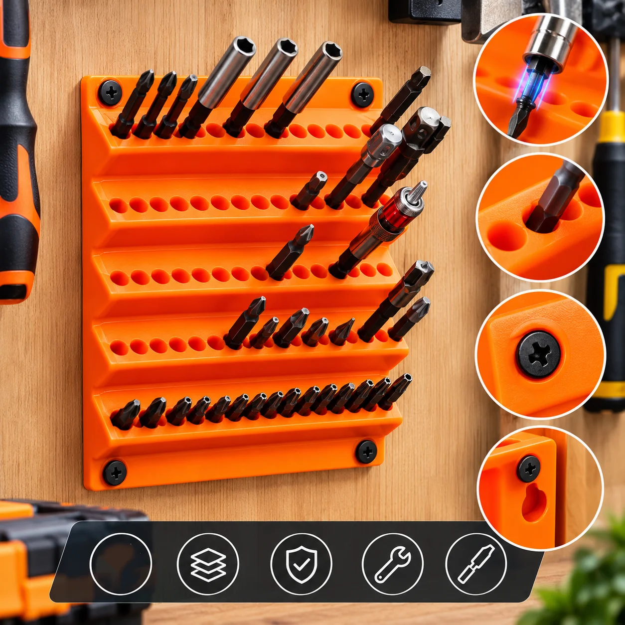 Wall Mounted Screwdriver Bit Holder 3D Printed Hexagonal 100 Holes 6.35mm Bits Storage Box Workshop Garage Tool Organizer