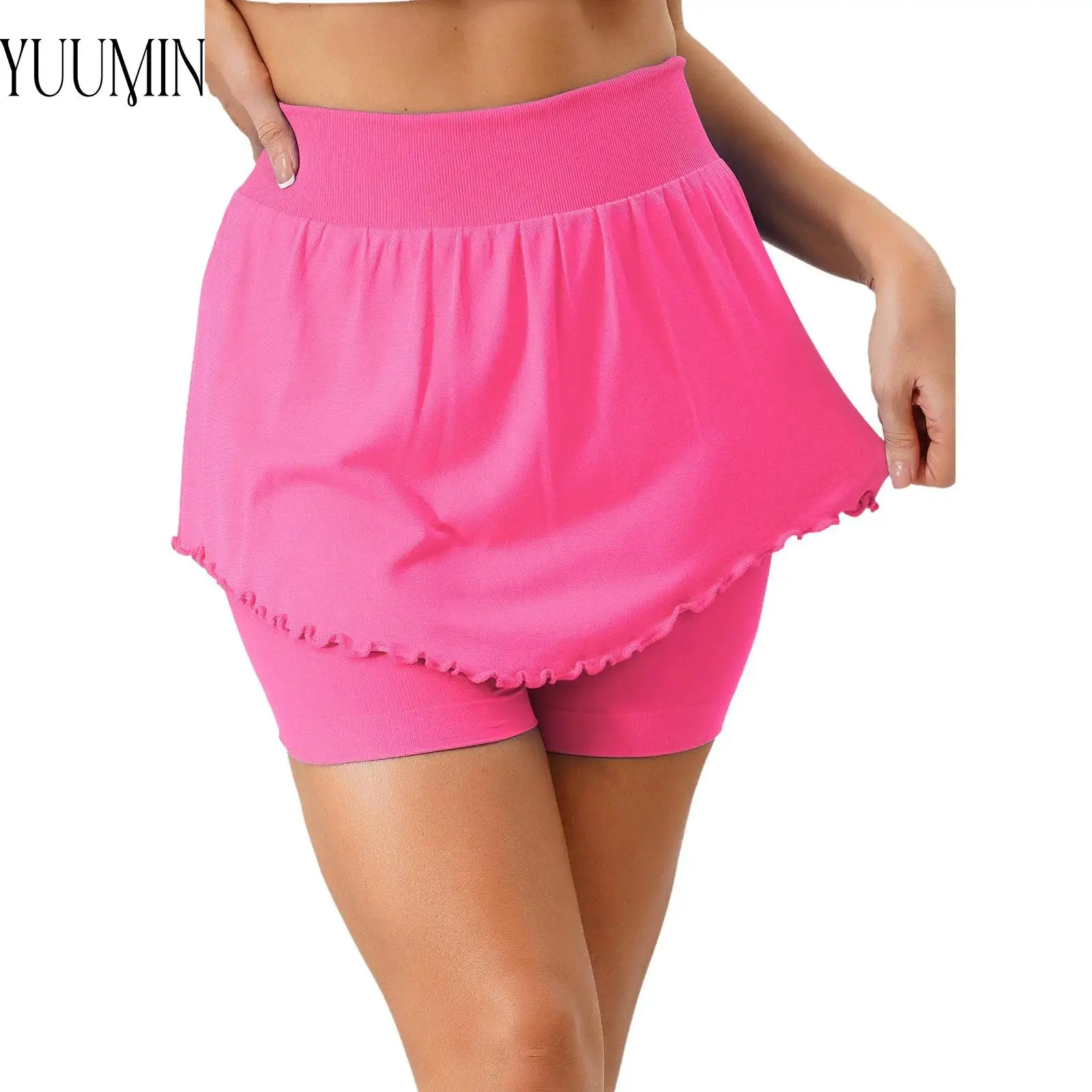 Womens Yoga Gym Sports Skirts Wide Elastic Waistband Lettuce Hem Tennis Skirt with Built-in Shorts for Workout Running Dance