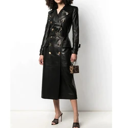 2024 Autumn Winter New Genuine Leather Jacket Metal Button Decorative Belt Sheepskin Long Trench Coat