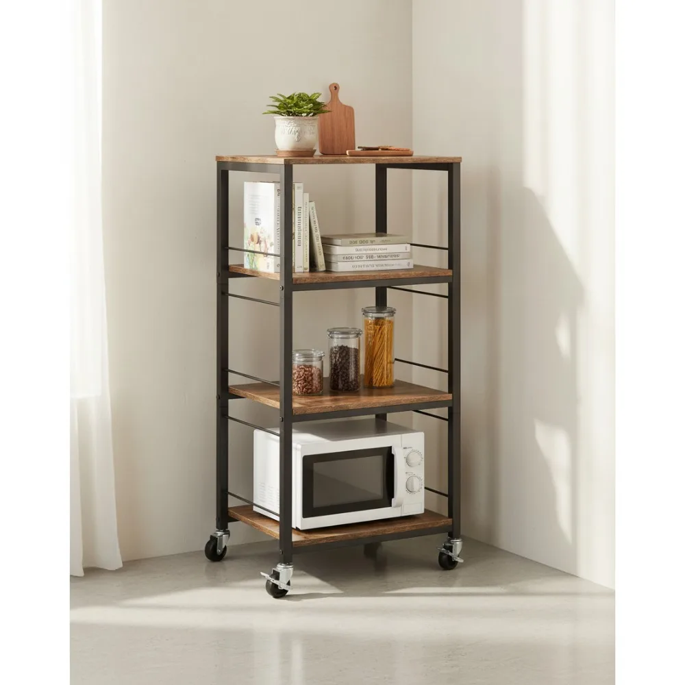 

4-Tier Rolling Kitchen Cart with Wood Tabletop - Heavy Duty Storage Organizer for Small Spaces, Farmhouse Style