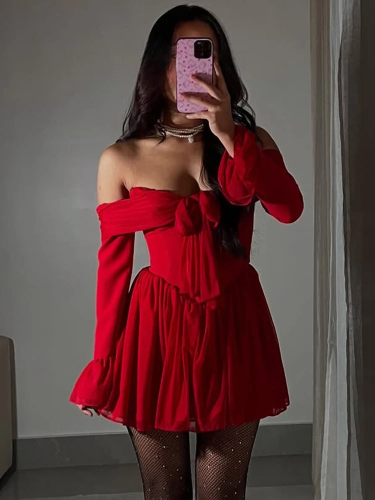 

Trendix Off Shoulder Ruffle Mini Dress For Women Bodycon Long Sleeve Bow Short Dresses Party Sexy Backless Beach Vacation Dress