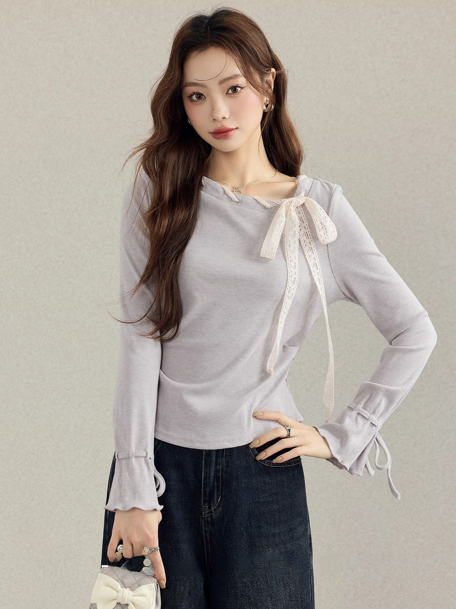 

Ele Purple Long Sve ort T-irt Women's Base Layer Inner Wear Autumn Winter New Sle Knot High Waist Design