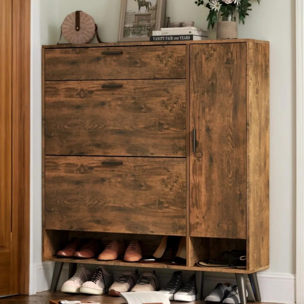 Narrow Entryway Shoe Storage Cabinet with 2 Drawers and Doored Organizer
