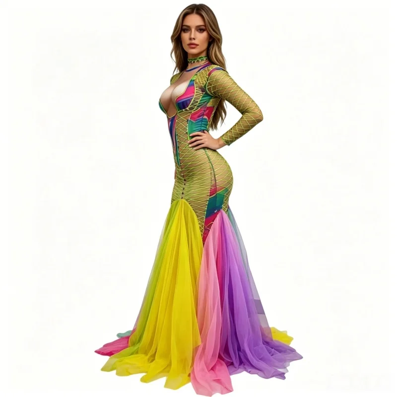 

Women Elegant Slim Mermaid Dress with Shiny Crystals Floor Length Evening Party Catwalk Stage Performance Singer Costume