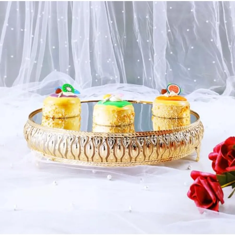 

13 Inches 32.5 cm Gold Round Mirror Cake Stand Cupcake Stands Metal Pedestal Holder with Crystals, Party Dessert Cheese Display