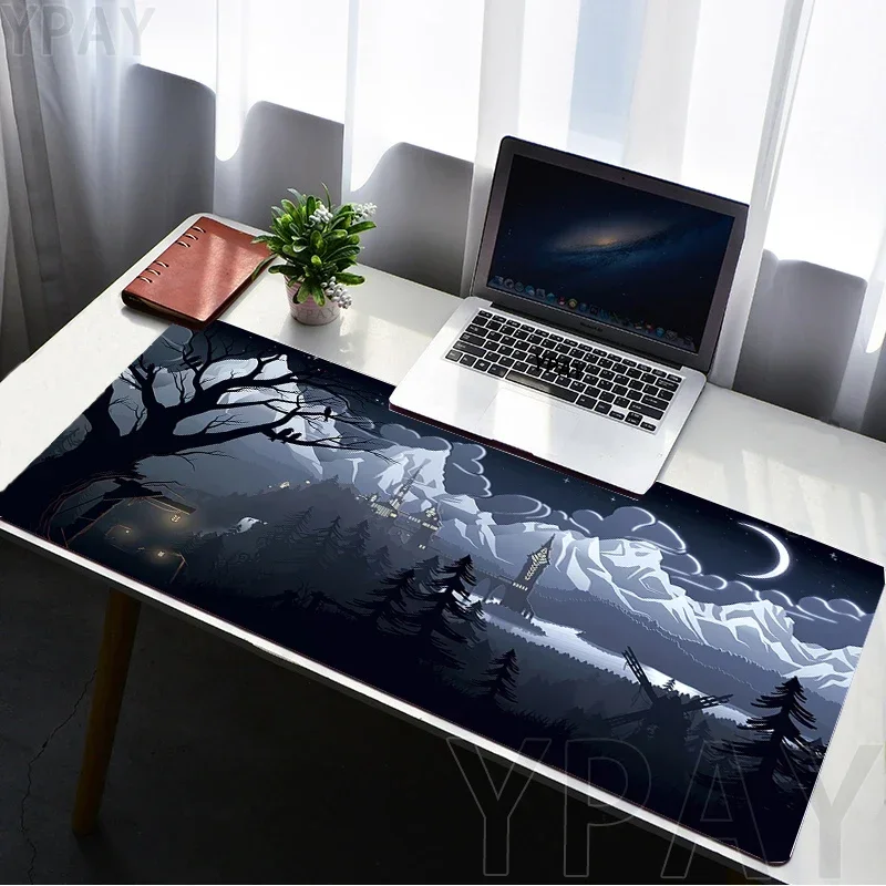 Purple Anime Fantasy Castle Large Gaming Mouse Pad, Dreamy Night Sky Cloud Moon Landscape Non‑Slip Rubber Stitched Desk Mat