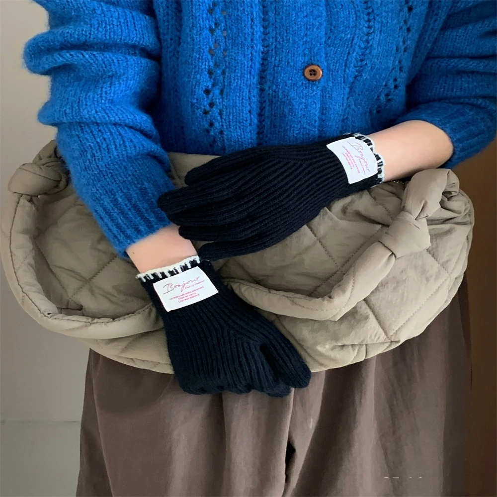 الجيل الكوري حافة الخياطة البسيطة يمكن لمس الشاشة الخريف الشتاء الدافئة قفازات محبوكة تنوعا ملصق قفازات جديدة المرأة #4