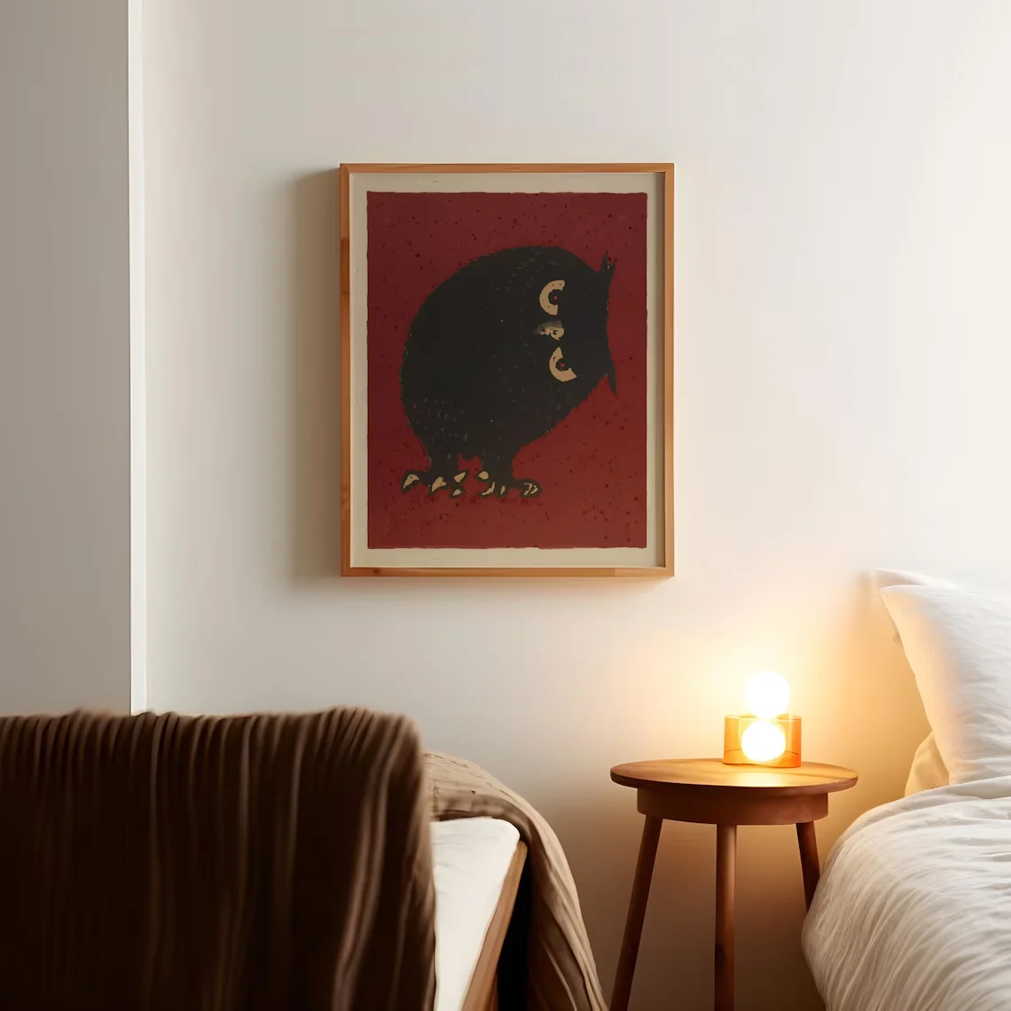 Vintage Owl Art Retro Japanese Style Drawing Print Japan Edo Poster Moody Bedroom Decor Dark Gothic Red Color Minimalist Boho