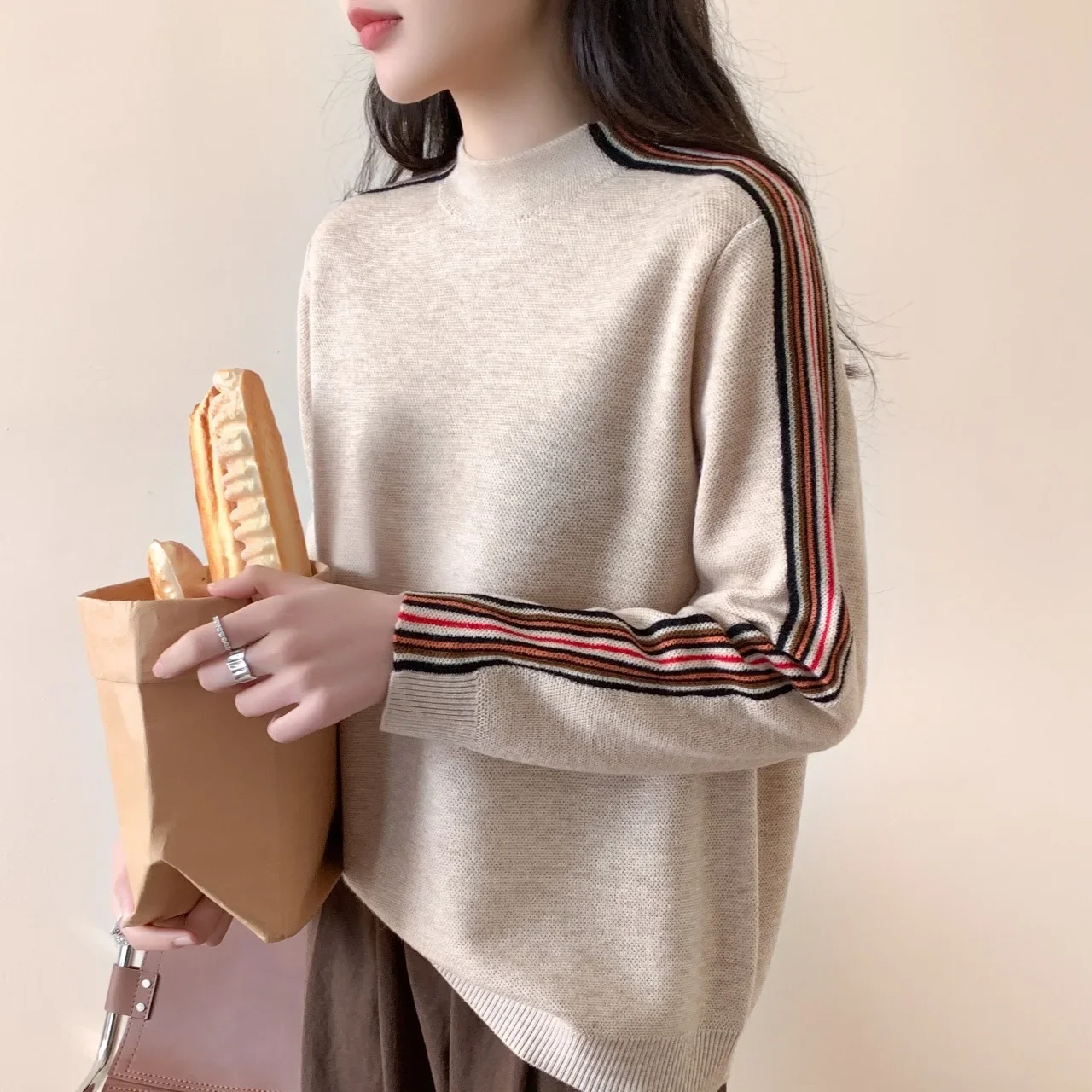 2024 New Semi-turtleneck Simple Casual Knitted Sweater Autumn Winter Clothes Women Loose Long-sleeved Tops Sweater Pullover