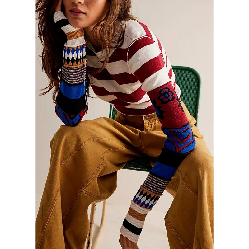 Combhasaki feminino y2k vintage listra impressão contraste cor pulôver topos manga longa tripulação pescoço camisa fina recortada malhas camisola