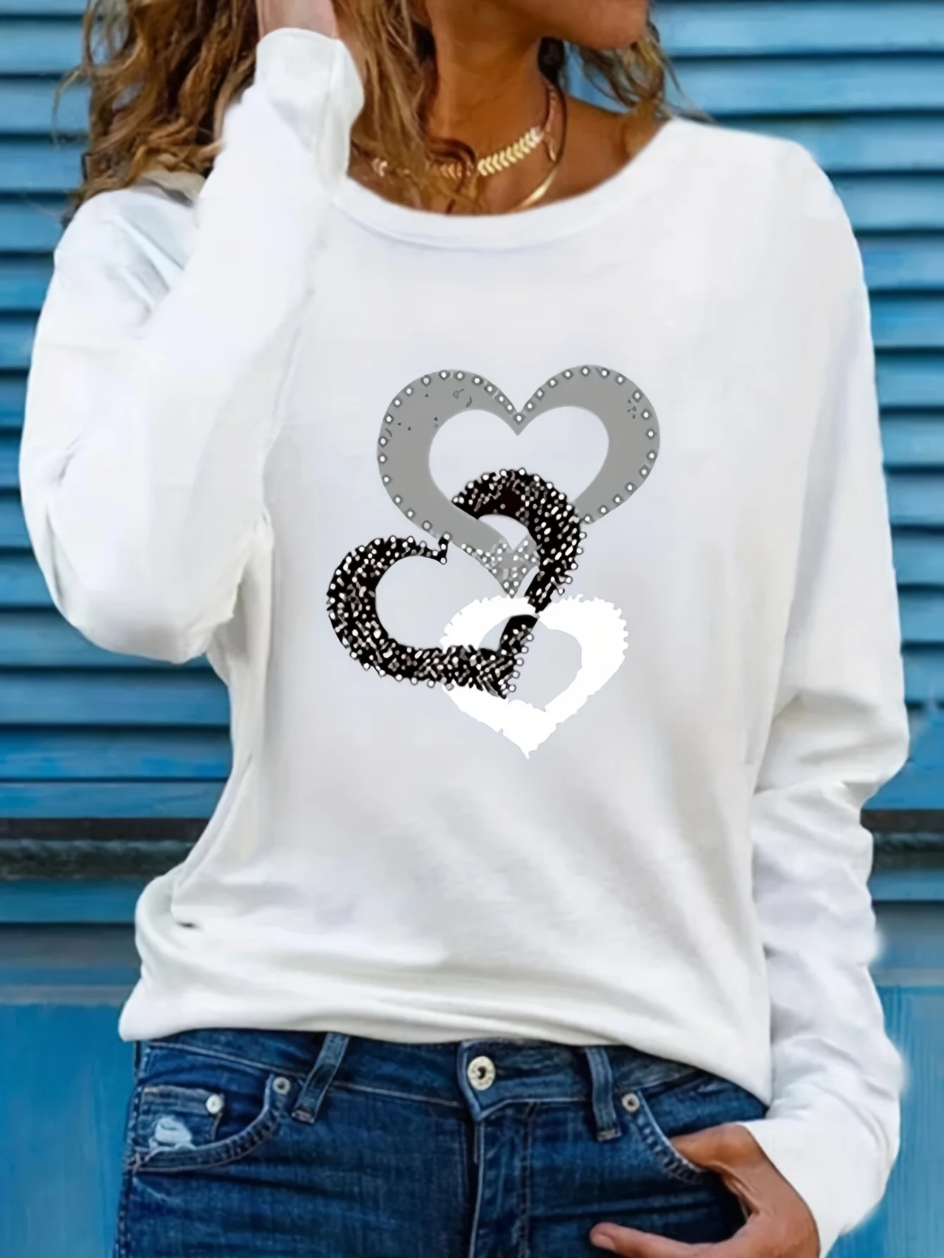 Fashion Long Sleeve T-Shirts For Women Heart Print Sweatshirts Female O-Neck Pullover Woman Sweatshirt