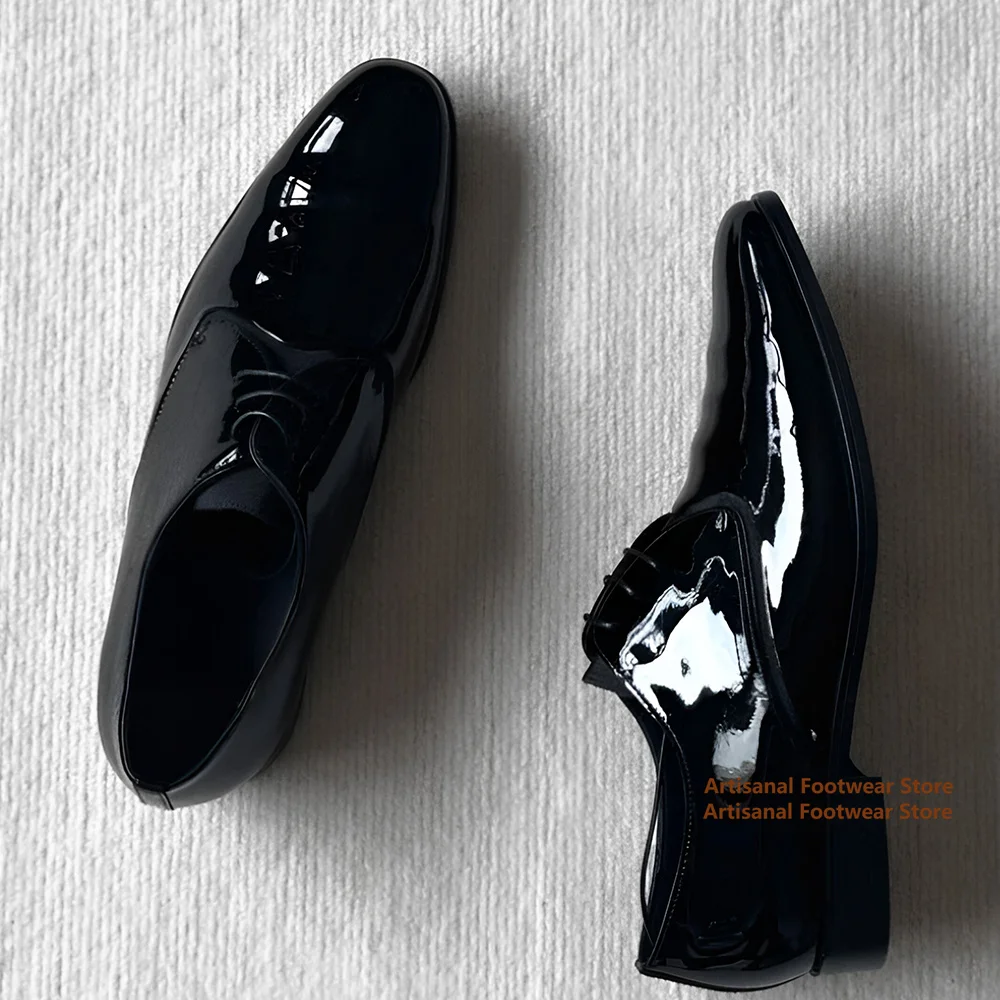 Bright Patent Leather Lace-Up Derby Shoes for Men Business Pointed Toe Leather Shoes Men's Groom's Shoes Trendy Wedding Shoes