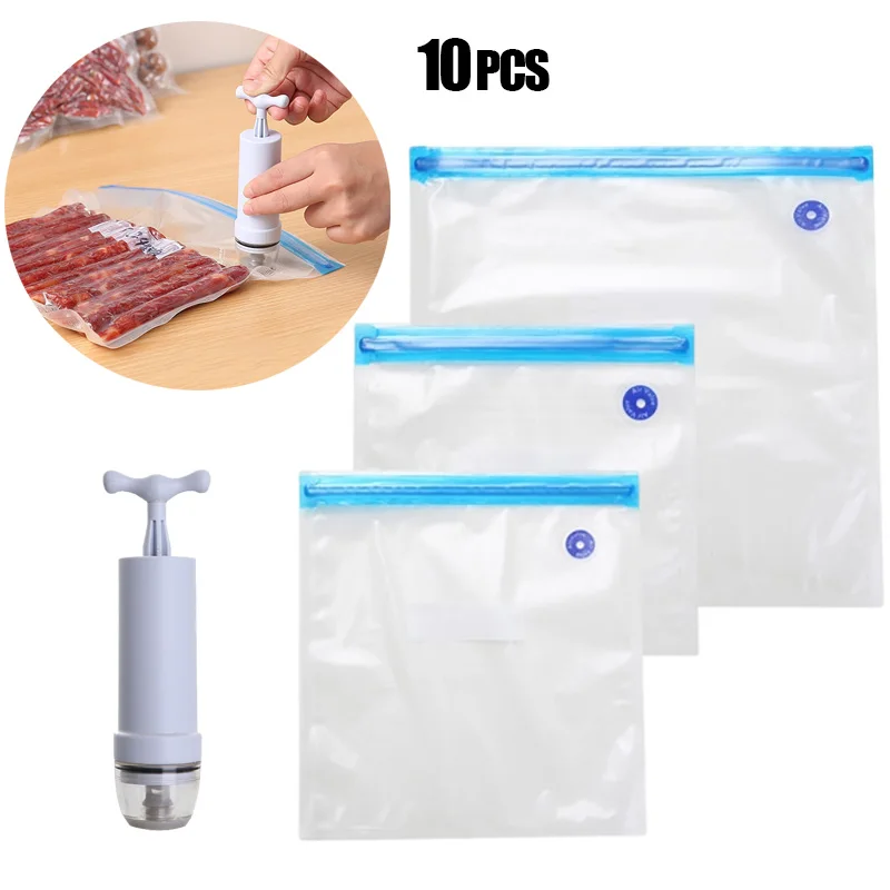 5PCS/10PCS Kitchen Food Saver Vacuum Bag Reusable Food Air Vacuum Compressed Bag Ziplock Freezer Bags Kitchen Organizers