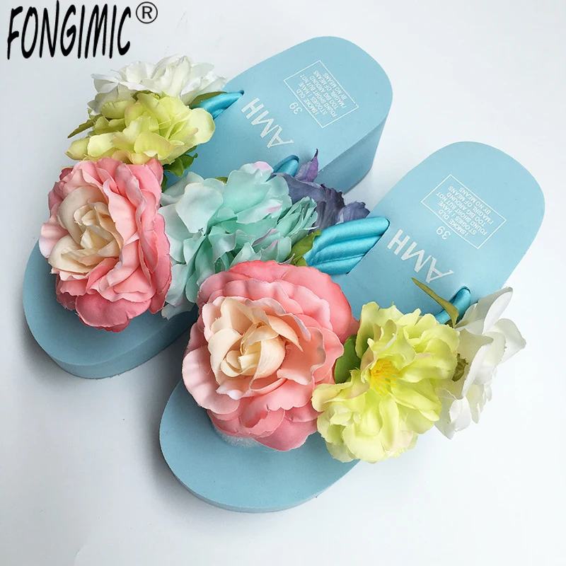 Summer Slippers Bohemia Flowers Women Beach Flip Flops Summer Slides Slippers Platform Shoes Woman Hit Color Indoor Slippers