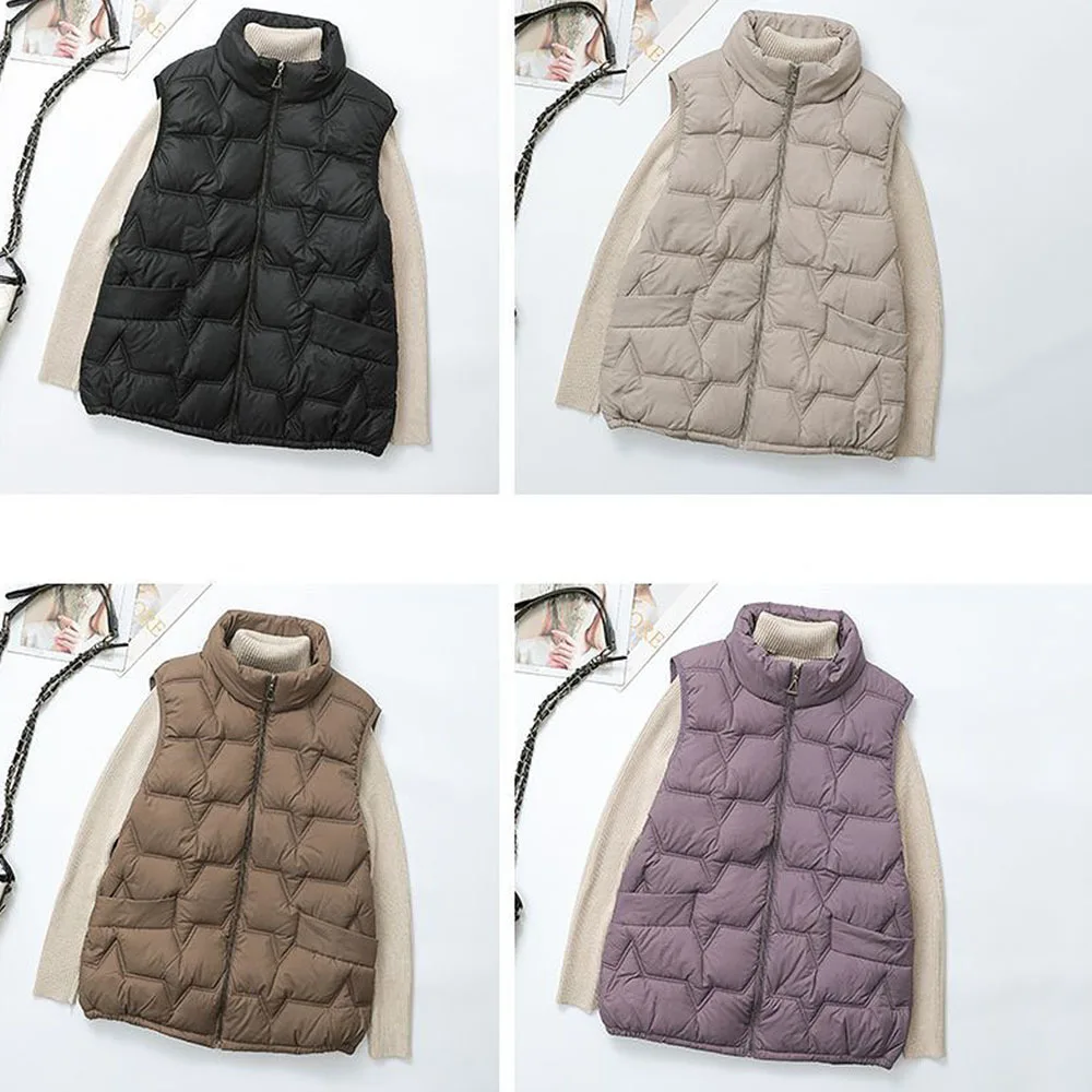 Down Vest Jackets For Women New Autumn Winter Ultra Light Stand Collar Beige Sleeveles Cotton Coat Parka Ladies Warm Waistcoat