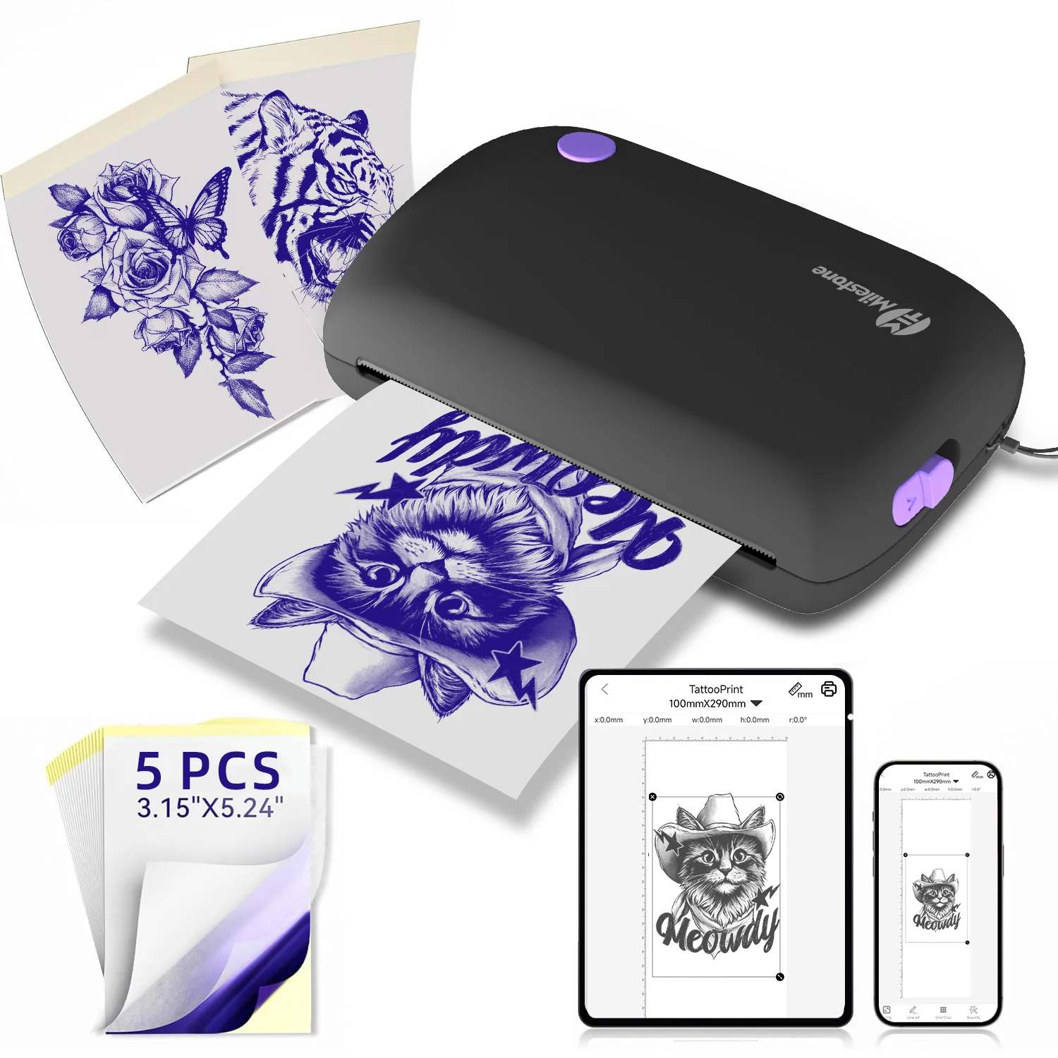 milestone-m5-mini-tattoo-stencil-printer-with-5-tattoo-transfer-papers-included-bluetooth-inkless-thermal-printer