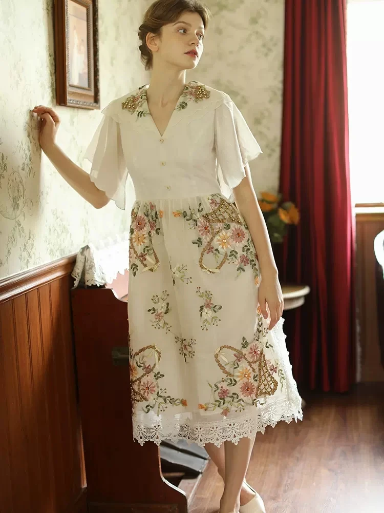 86-96cm Bust Spring Summer Women French Style Lace Trimmings Exquisite Handmade Beading Antique Ribbon Embroidered White Dresses