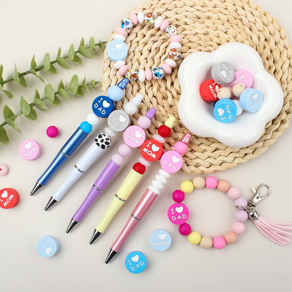 5/10/20pcs Silicone Beads I LOVE Mom Dad Beads for Making Jewelry DIY Beaded Pen Keychain Bracelet Necklace DIY Accessories Cute