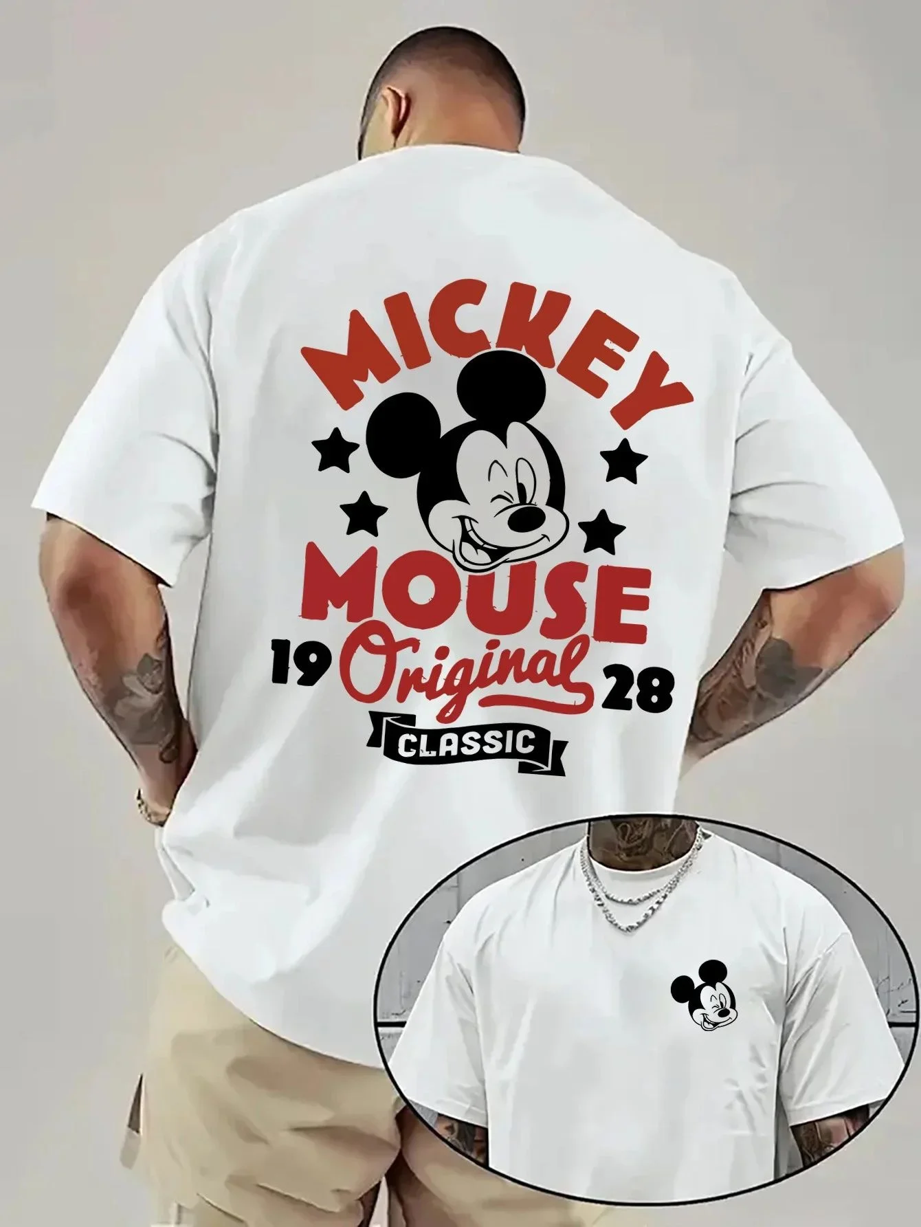 Camiseta Masculina Solta de Algodão Estampada Clássica Disney Mickey 1928 Verão 2026, Estilo Casual e Confortável para o Dia a Dia