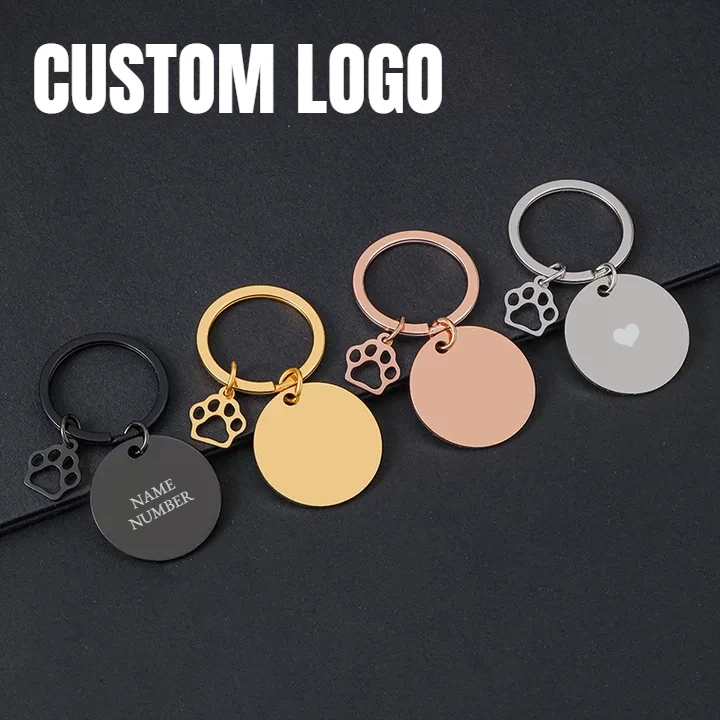 Custom Name Stainless Steel Round Heart with Dog Claw Keychain Laser Personalized Logo Number Keyring Metal Key Chain Ring Gift
