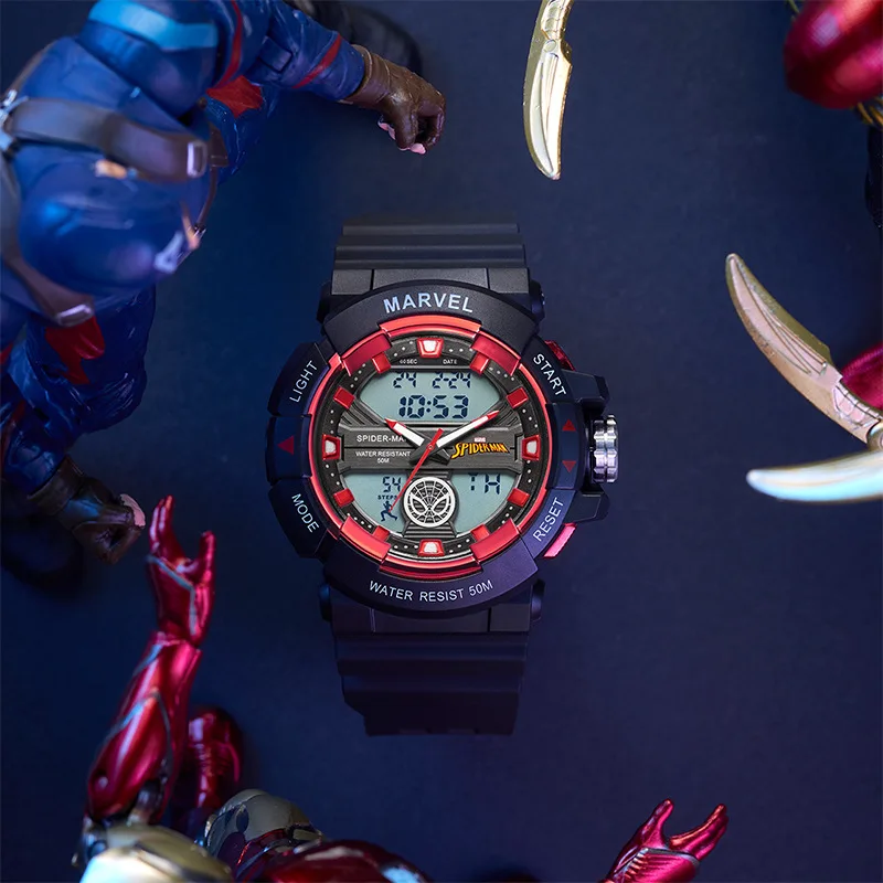 Disney Marvel Spider Iron Man Dual Display Sport Wristwatch The Avengers Male Multi Functions Stop Watch Hourly Chime Pedometer