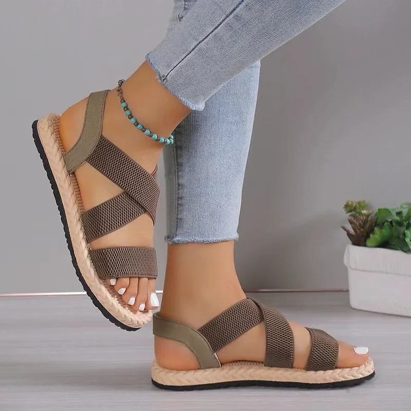 fashion New Women's trend anti-slip wear comfortable matching color sole pure black shoelace flat sandals