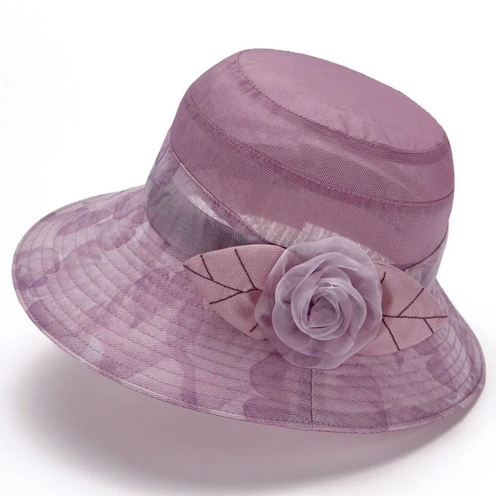 قبعة شمس أنيقة على شكل زهرة من الأورجانزا قابلة للتنفس في منتصف العمر قبعة صياد قابلة للطي بحافة واسعة وحوض رفيع