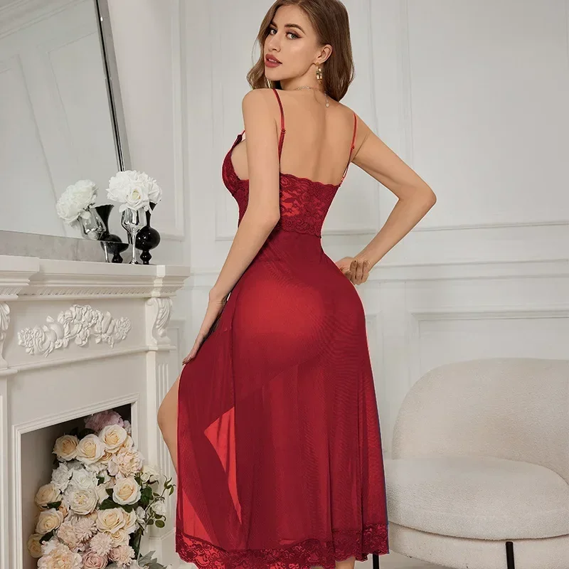 섹시 란제리 큰 사이즈 드레스 파자마 여성용 레이스 메쉬 슬릿 롱 스커트 여성용 나이트가운 홈웨어 롱 드레스 파자마 나이트가운