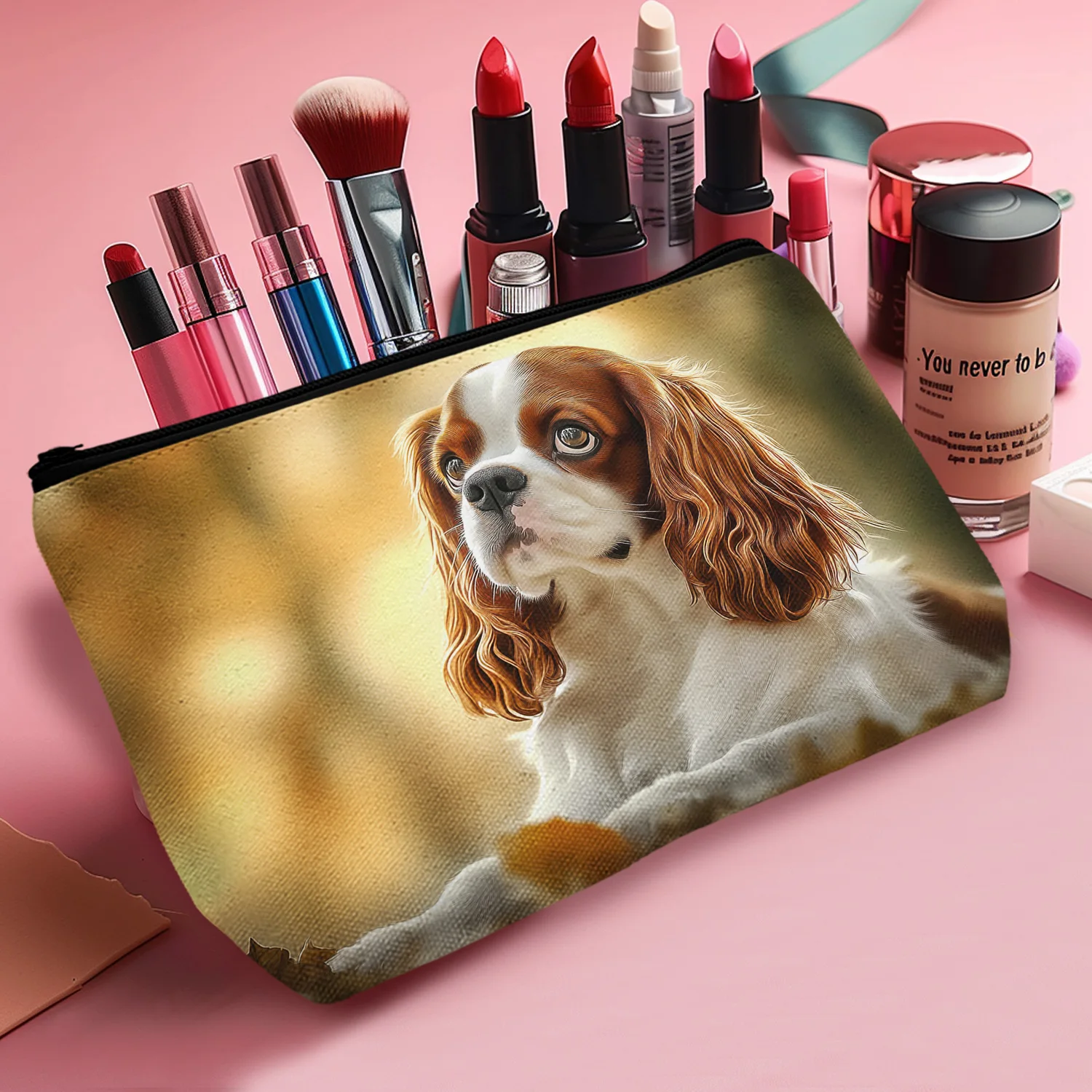 1Pc Cute Dog Cavalier King Charles Spaniels Pattern Cosmetic Bag Makeup Bag Zipper Pouch Lightweight For Travel Women