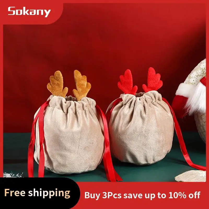 A59E-10Pcs Christmas Reindeer Candy Gift Bag Sacks Drawstring Gift Bags Christmas Decorate Kids New Year Party Gift