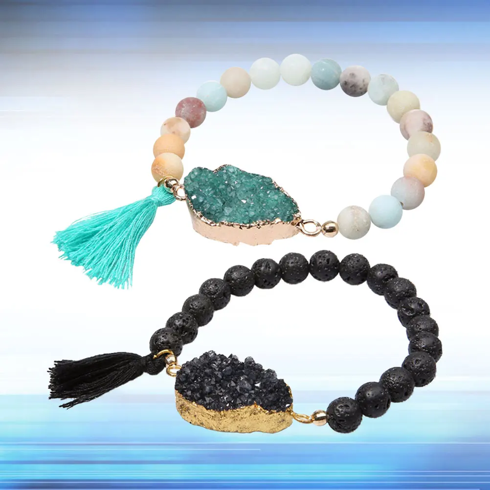 

2Pcs Lava Barcelet With Tassel Bracelet Durable Crystal Bead Barcelet Tassel Design Stylish Gift Birthday Anniversary