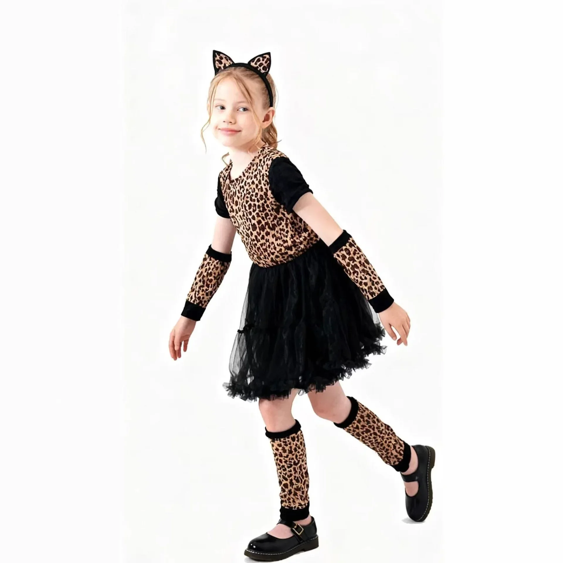 Kinder-Halloween-Kostüm für Mädchen, Katzen-Thema, Tutu-Outfit mit Katzenohren als Kopfaccessoire für Themenpartys, Karneval, Rollenspiele und Shows – Detail 4