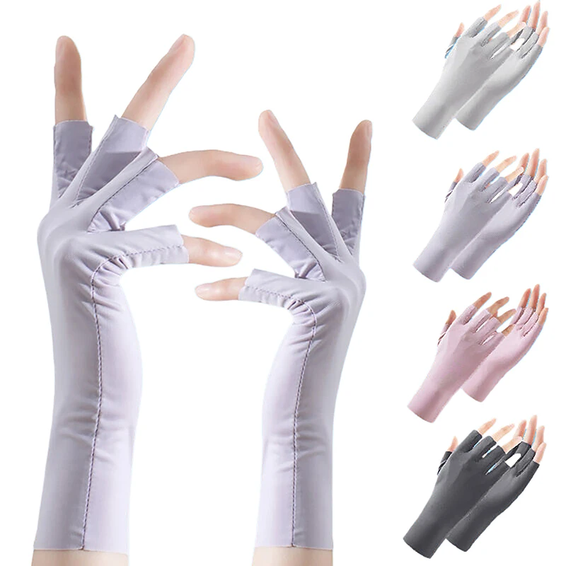 1Pair Summer Anti-uv Fingerless Gloves Pure Color Ice Shreds Breathable Thin Sunscreen Mittens Nail Art UV Resistant Gloves