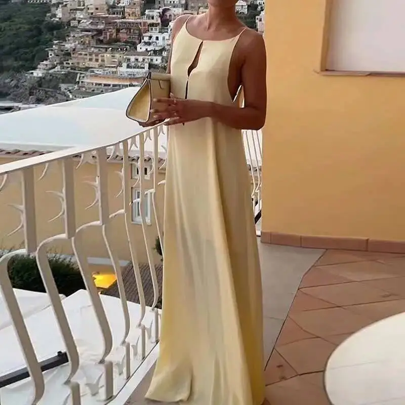 

Простое модное однотонное атласное богемное женское сексуальное платье с круглым вырезом и открытой спиной, длинное летнее вечернее платье макси без рукавов Mujer