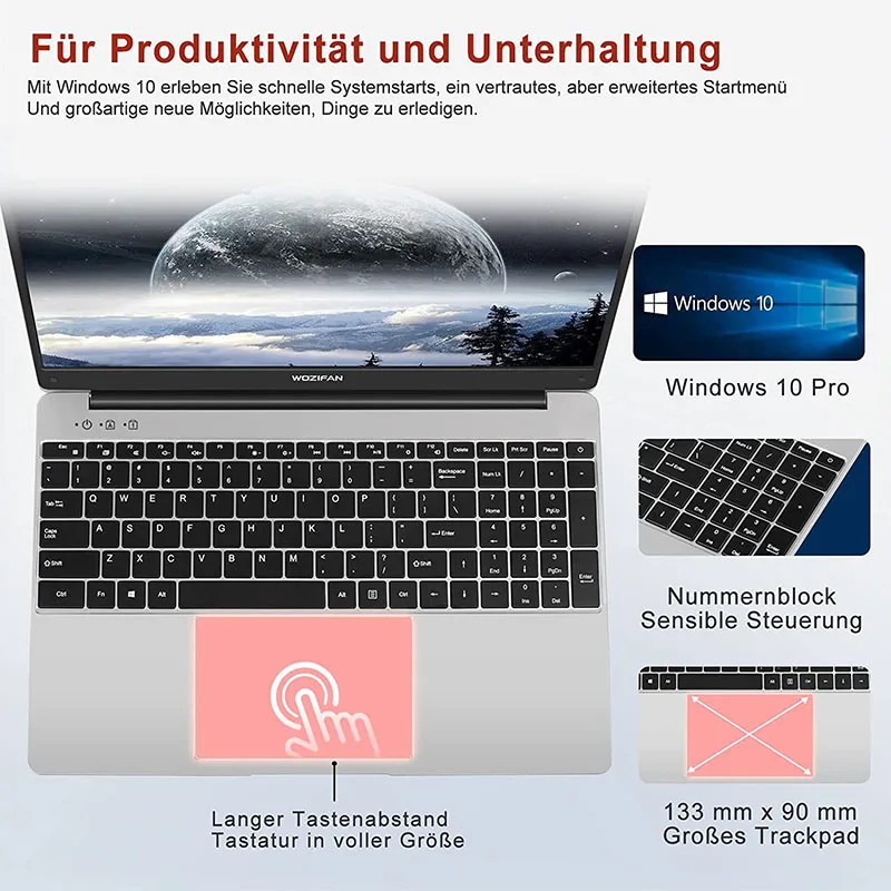 Wozifan laptop 128gb ssd unterstützung erweiterung 15.6 "intel 6gb laptop windows fhd1080 2,4g 5g wifi bt 4,2 hdmi drahtlose maus silber