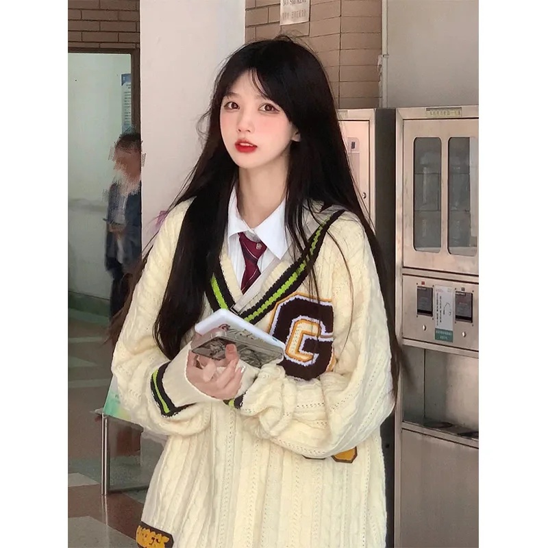 

Sweet Loose Long Sleeve V-Neck Knitted Sweater Color Block Logo Spring Autumn College Style Fashionable Women's Top