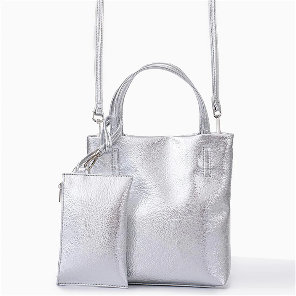 Silver PU Leather Tote Bag For Women With Small Coin Purse Fashion Wallet Crossbody Bag With Adjustable Strap