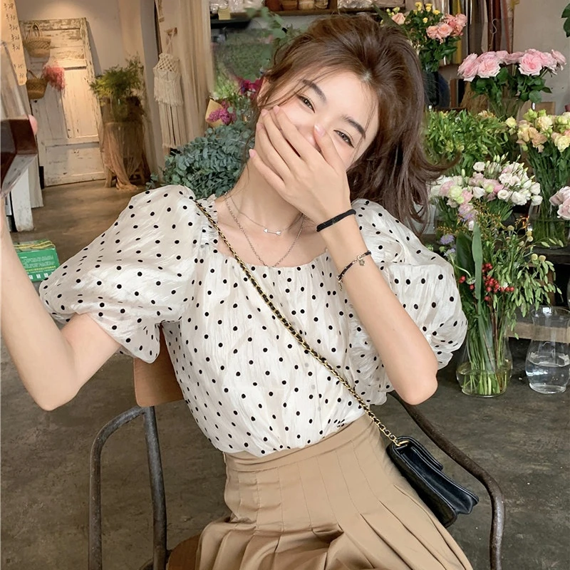 Blouses Women French Style Dot Sweet Princess Chic Lantern Sleeve Thin Retro Girls  Aesthetic Design Crop Tops Loose Daily