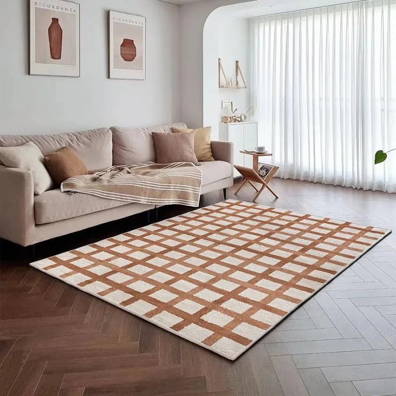 

Cream Style Creative Small Plaid Living Room Carpet Orange Striped Bedroom Carpet Comfortable Short Plush Decorative Home Rug IG