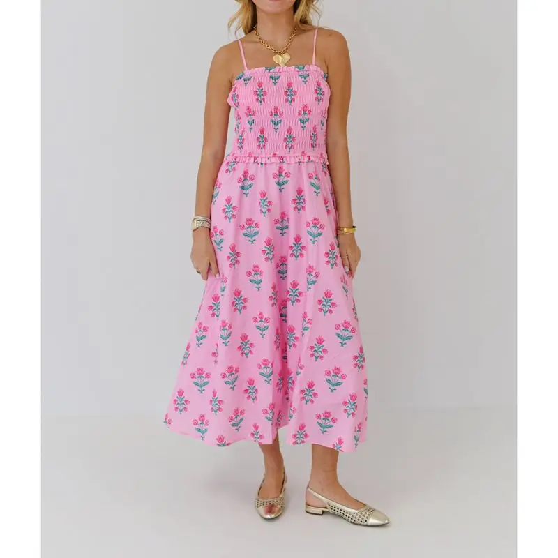 Combhasaki Women Summer Thin Spaghetti Strap Dress Floral Print Ruffled Trim Smocked Sleeveless Square Neck A-line Long Dress