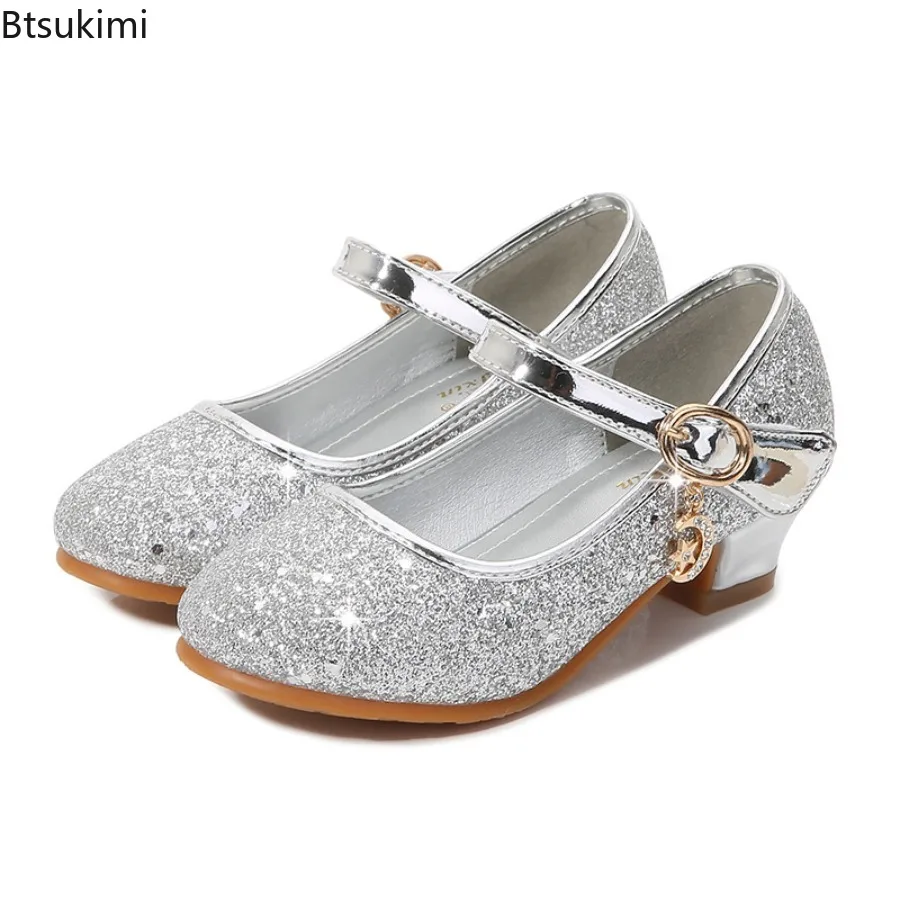 Girl's High Heel Shoes Sequins Versatile Children's Leather Shoes Princess Wedding Party Versatile Kids Causal Dresses Shoes
