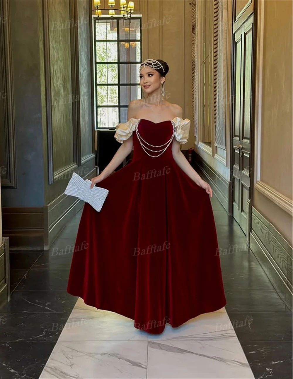 Bafftafe Burgundy Velour Long Prom Gowns Customized Champagne Short Sleeves Pearls Korea Women Formal Eveninig Party Dresses