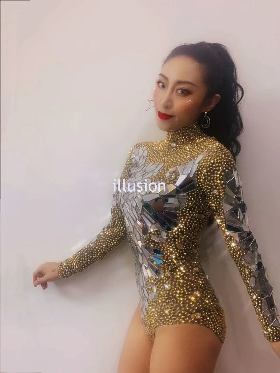 Sparkly Gold Rhinestones Mirrors Shining Bodysuit Women Birthday Celebrity Prom Party Outfit Singer Stage Rompers Dance Costume