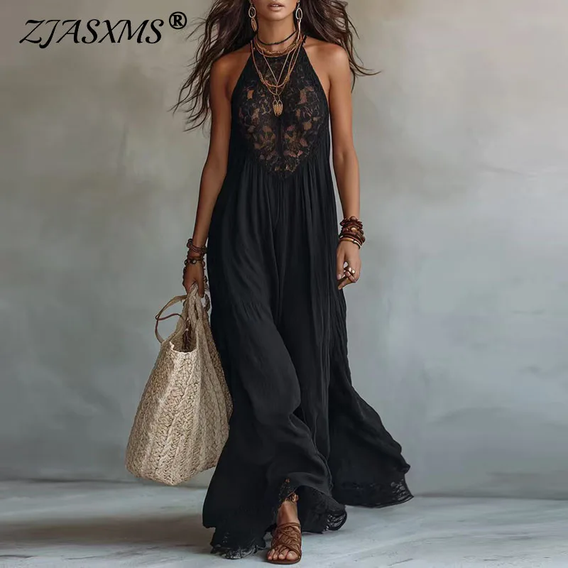 Damen-Maxikleid mit Neckholder-Ausschnitt, neues, ärmelloses, fließendes, lockeres A-Linien-Kleid aus Spitze, Bohemian-Stil, lässig, einfarbig, Strand- und Urlaubskleid, lange Kleider