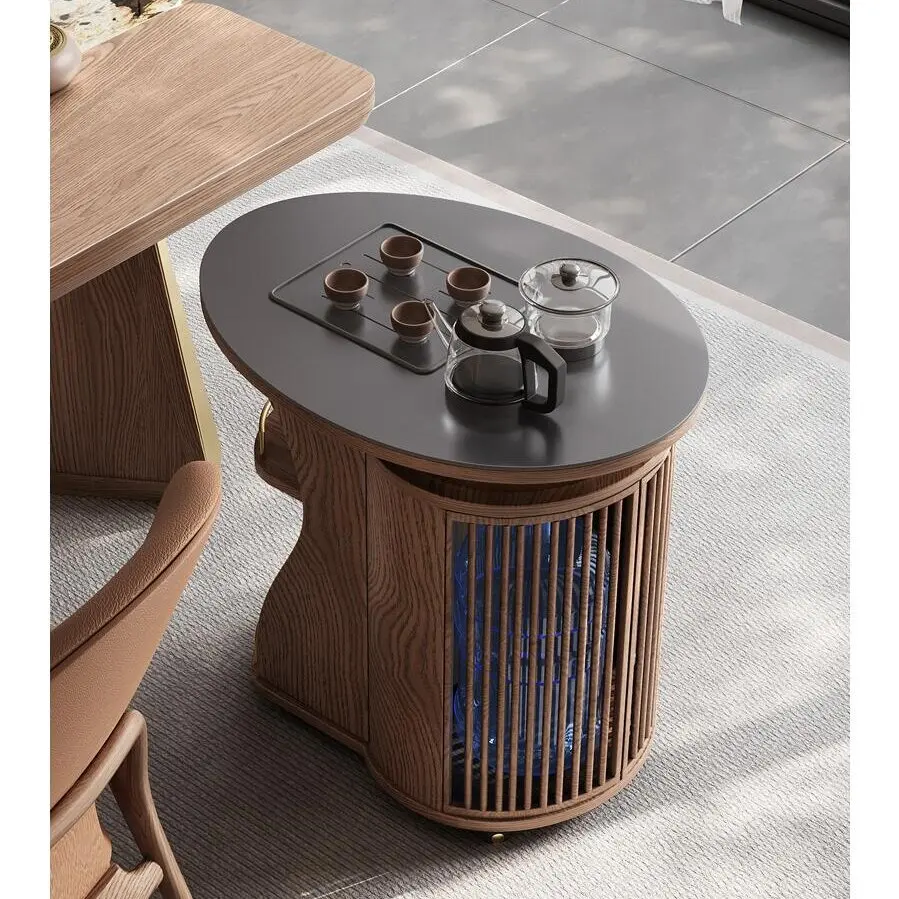 New Chinese style tea table kettle integrated new mobile balcony small tea cart modern simple coffee table walnut edge table