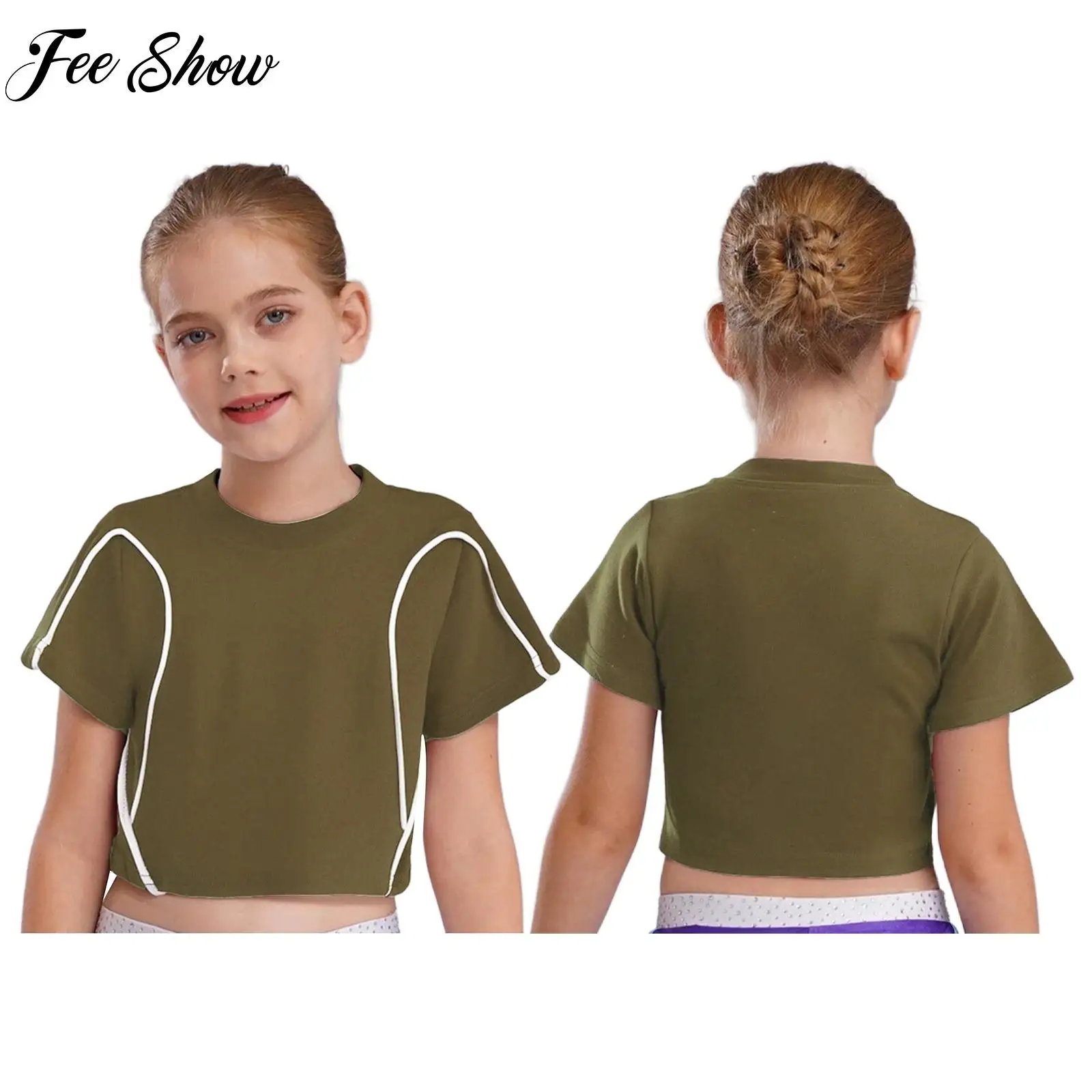 

Children Hip-Hop Jazz Dance Cycling Sports Shirt Kid Girl Contrast Color Trim Crop Top Short Sleeve T-shirt Sportswear Dancewear