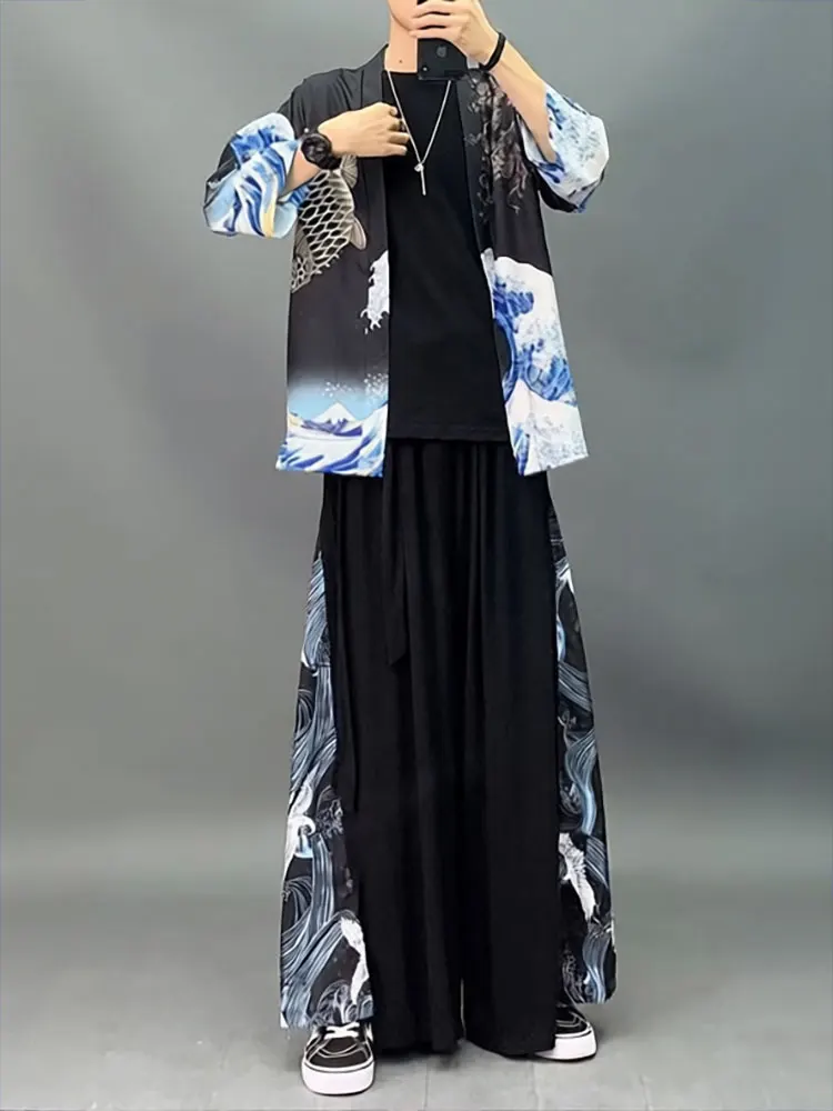 Sommerliche chinesische Eisseide Weite Hosen für Herren mit Taillengürtel, plissiert, lässig, Strand, Oversize, Harajuku Streetwear, Neu, Baumwolle Leinen – Detail 6