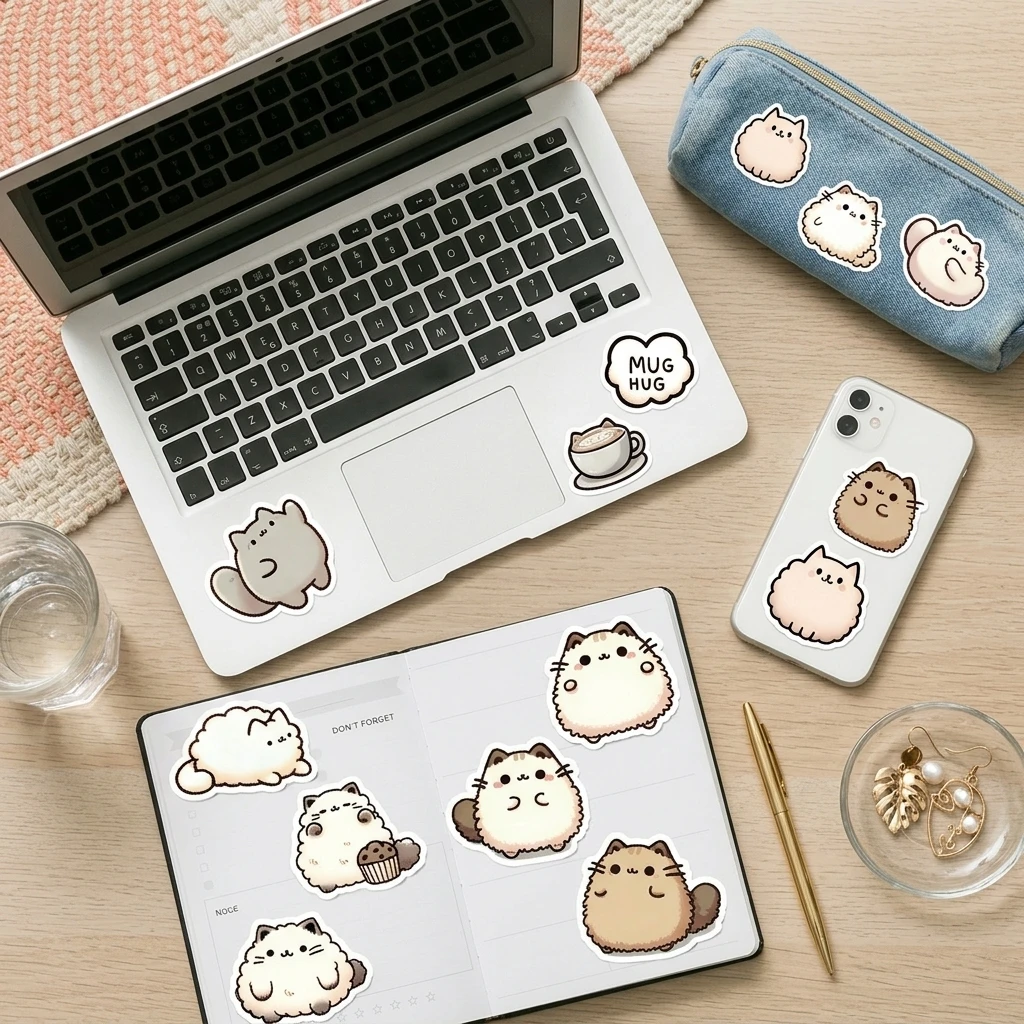 Cat Coffee Stickers Waterproof PVC Cute Laptop Decoration Vivid Colors Easy Peel for Students and Office 50 Pieces